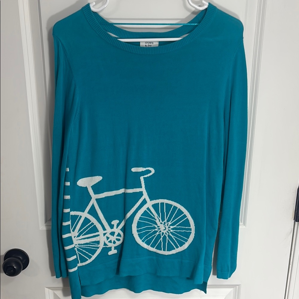 Crown & Ivy Teal Bicycle Women's Sweater